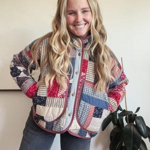 Quilt Jacket -Oversized Fit with Button Snap Closure -Flora -Handmade- America -one of a kind- Small - Red White and Blue -