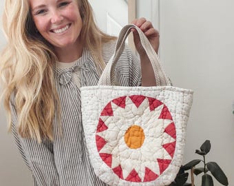 Vintage Quilt Tote Bag – Double Wedding Ring Purse • 1940s