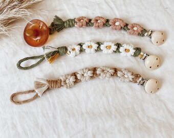 Pacifier Clip Daisy Macrame - Pink - White - Natural