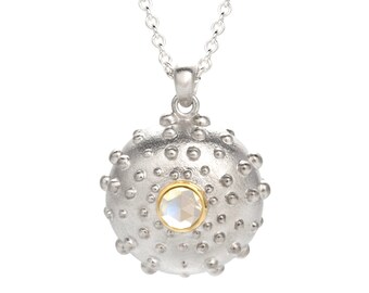 Sea Urchin Pendant in Sterling Silver with Rosecut Moonstone set in 18K Gold Bezel