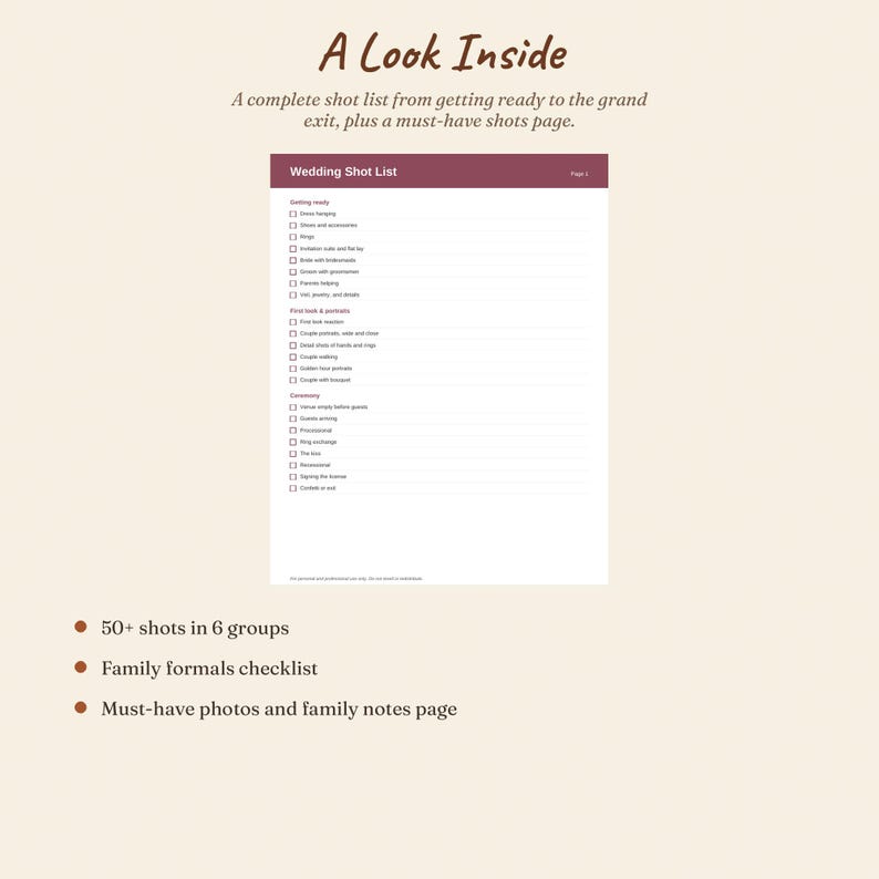 Photography Checlist Example Wedding Photography Shot List | Printable Checklist for Wedding ...