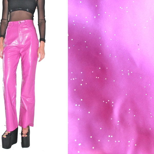 vintage Rainbow Holographic GLITTER Pink Vinyl pvc PATENT Club Kid Cyber rave plastic Pants