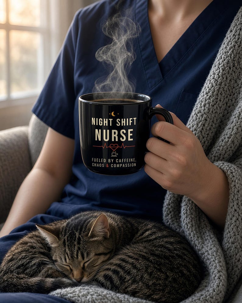 Night Shift Nurse Mug, Fueled by Caffeine Chaos and Compassion Coffee Mug, Funny Nurse Gift, Black Ceramic Mug 11oz 15oz image 2