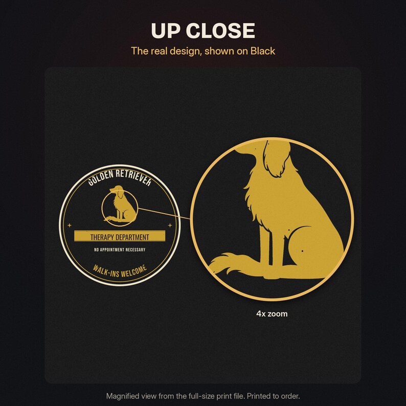 K&ouml;nnte beinhalten: Ein kreisf&ouml;rmiges goldenes Grafikdesign auf schwarzem Hintergrund mit der Silhouette eines Golden Retrievers. Text: GOLDEN RETRIEVER, THERAPY DEPARTMENT, NO APPOINTMENT NECESSARY, WALK-INS WELCOME. Ein 4-facher Zoom zeigt das Detail.