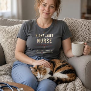 Night Shift Nurse Shirt, Fueled by Caffeine Chaos and Compassion T-Shirt, Funny Nurse Tee, RN Gift, Comfort Colors Nurse Shirt image 3