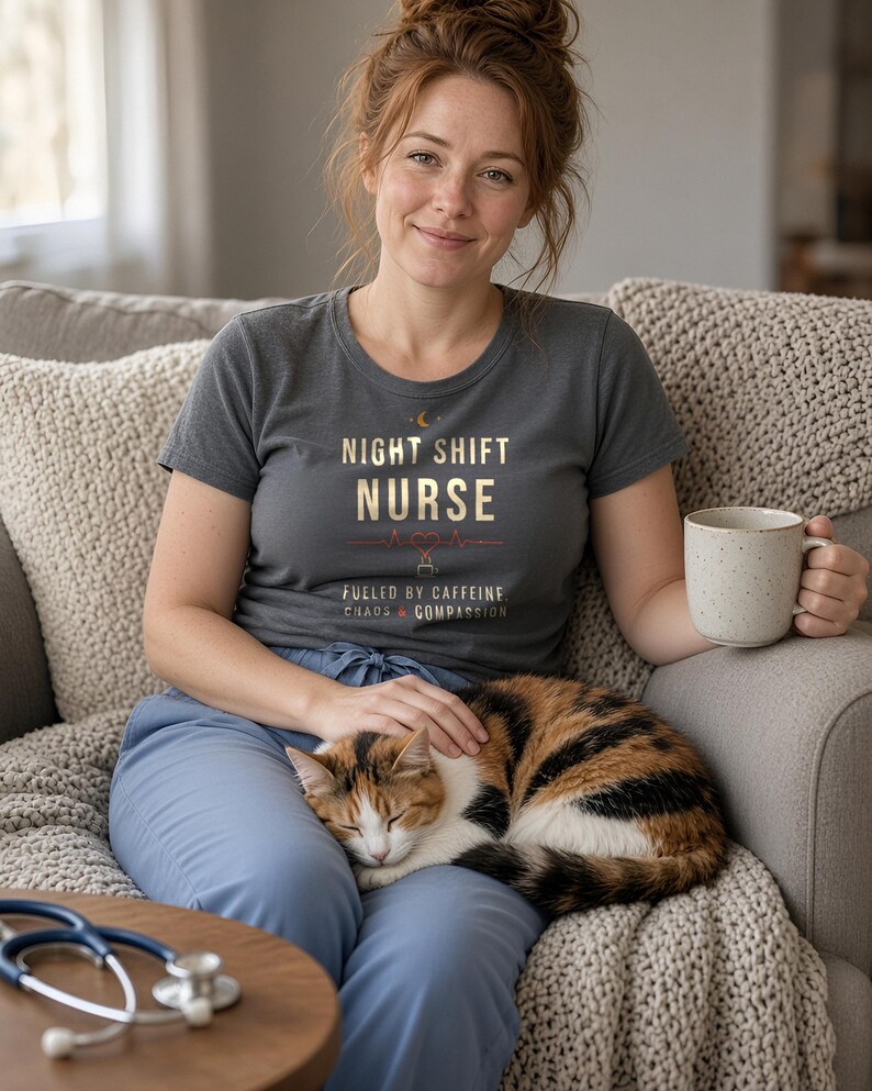 Night Shift Nurse Shirt, Fueled by Caffeine Chaos and Compassion T-Shirt, Funny Nurse Tee, RN Gift, Comfort Colors Nurse Shirt image 3