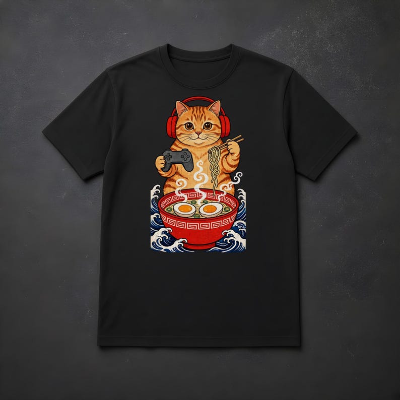 Camiseta de gato gamer comiendo ramen, camiseta kawaii de gato comiendo ramen, camiseta de gato estilo ola japonesa, regalo divertido para amantes de los videojuegos, camiseta de gato estilo anime imagen 5