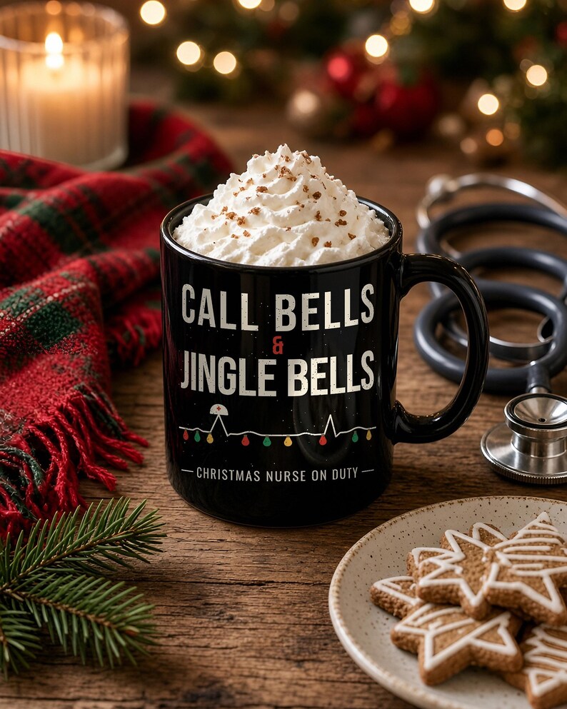 Christmas Nurse Mug, Call Bells and Jingle Bells Coffee Mug, Funny Nurse Christmas Gift, Black Ceramic Mug 11oz 15oz image 3