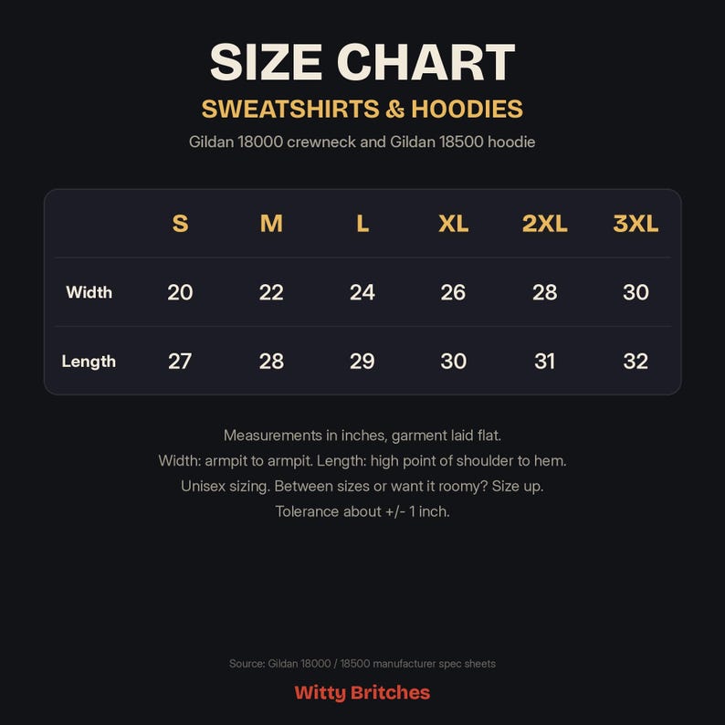 May include: A size chart for Gildan 18000 crewneck and 18500 hoodie sweatshirts. The table lists sizes S through 3XL with corresponding widths and lengths in inches. Measurements are taken from armpit to armpit and shoulder to hem.