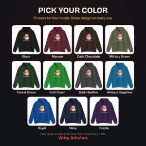 May include: Eleven hoodies in black, maroon, dark chocolate, military green, forest green, irish green, dark heather, antique sapphire, royal, navy, and purple. Each features a Santa Claus graphic and the text Merry Christmas.