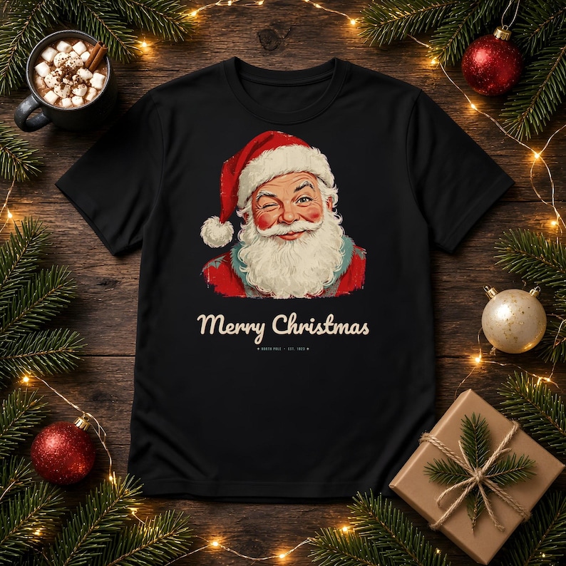 May include: A black short-sleeve t-shirt featuring a graphic of a winking Santa Claus with a white beard and red hat. Below the illustration, the text reads Merry Christmas in a cream-colored font, followed by North Pole Est. 1822.