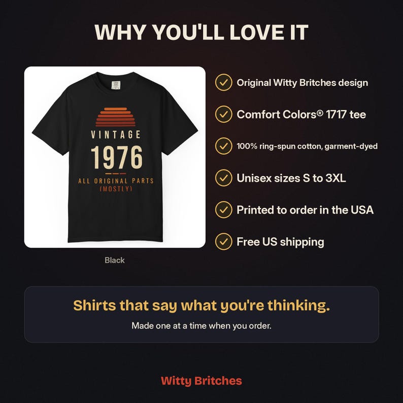 K&ouml;nnte beinhalten: Ein schwarzes Kurzarm-T-Shirt mit einer Grafik eines Sonnenuntergangs &uuml;ber dem Text VINTAGE 1976 ALL ORIGINAL PARTS (MOSTLY). Das T-Shirt wird neben einer Liste von Produktmerkmalen angezeigt, darunter Comfort Colors 1717 und 100% Baumwolle.