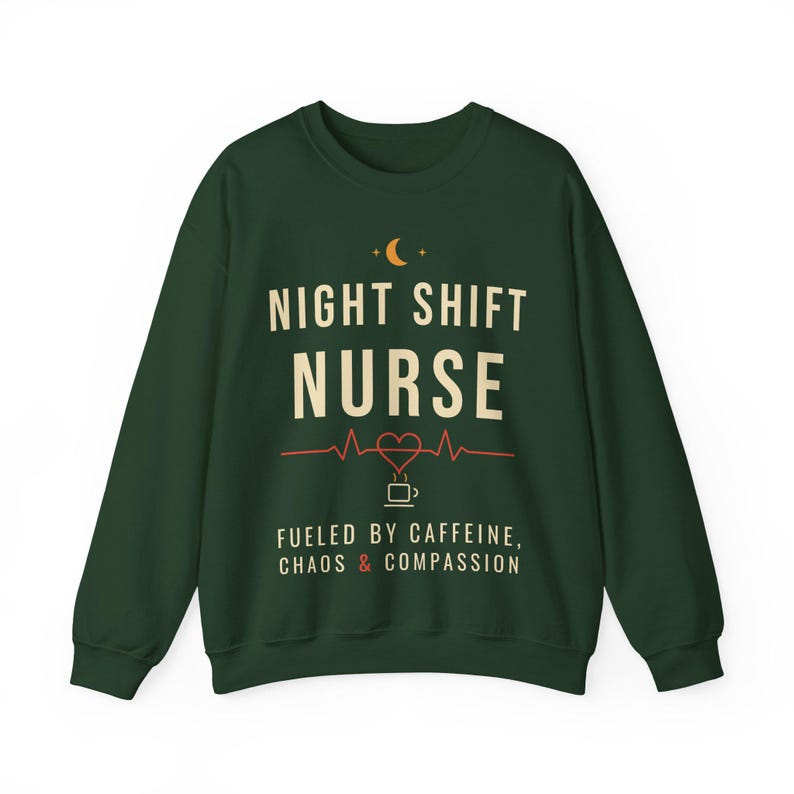 Night Shift Nurse Sweatshirt, Fueled by Caffeine Chaos and Compassion Crewneck, Funny Nurse Gift, RN Night Shift Sweater image 5