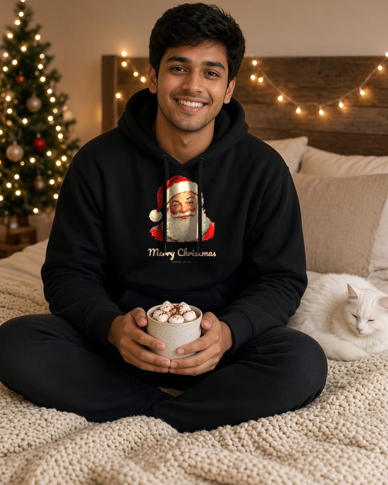 May include: A black hooded sweatshirt featuring a graphic of Santa Claus wearing a red hat and the text Merry Christmas printed in white. The hoodie has long sleeves, a front kangaroo pocket, and a drawstring hood made of cotton fabric.