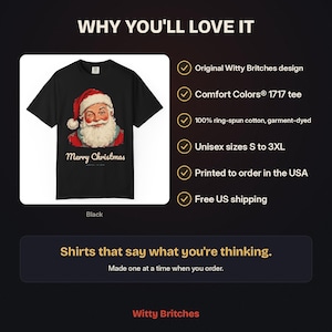 May include: A black short-sleeve t-shirt featuring a graphic of a winking Santa Claus wearing a red hat and white beard. Below the graphic, the text reads Merry Christmas. The shirt is labeled as a Comfort Colors 1717 tee made of 100% ring-spun cotton.