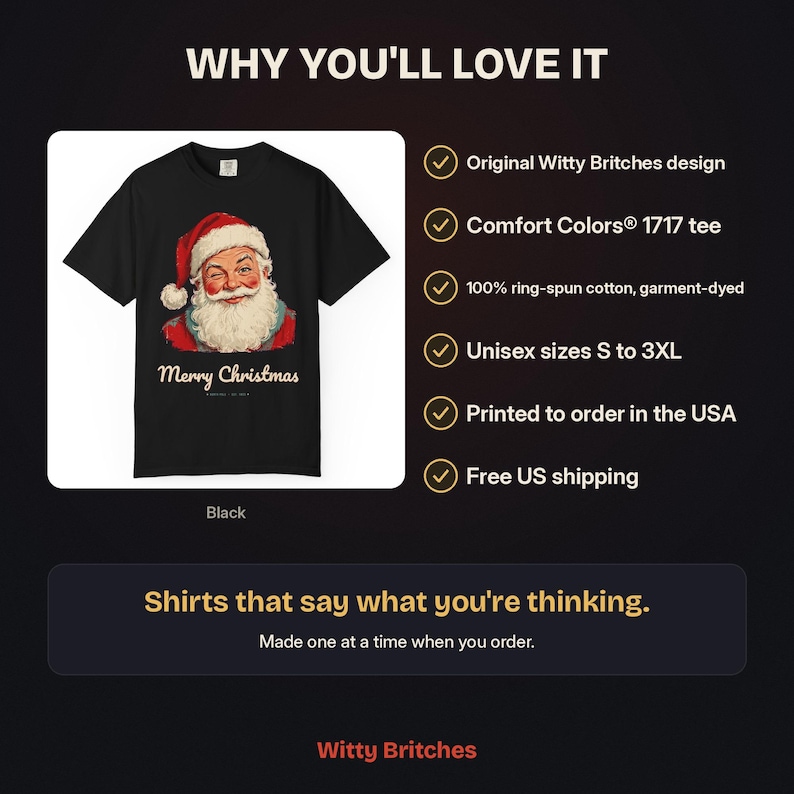 May include: A black short-sleeve t-shirt featuring a graphic of a winking Santa Claus wearing a red hat and white beard. Below the graphic, the text reads Merry Christmas. The shirt is labeled as a Comfort Colors 1717 tee made of 100% ring-spun cotton.