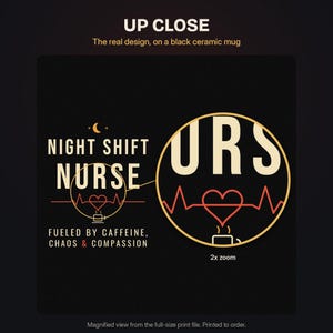 Night Shift Nurse Mug, Fueled by Caffeine Chaos and Compassion Coffee Mug, Funny Nurse Gift, Black Ceramic Mug 11oz 15oz image 12