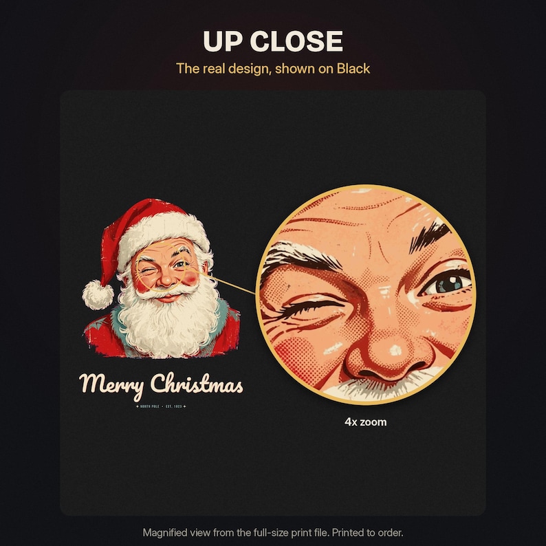 May include: A graphic illustration of Santa Claus wearing a red hat and coat with a white beard, winking. Text reads UP CLOSE The real design, shown on Black, Merry Christmas, NORTH POLE EST. 1822, and 4x zoom. A circular inset shows a magnified view.