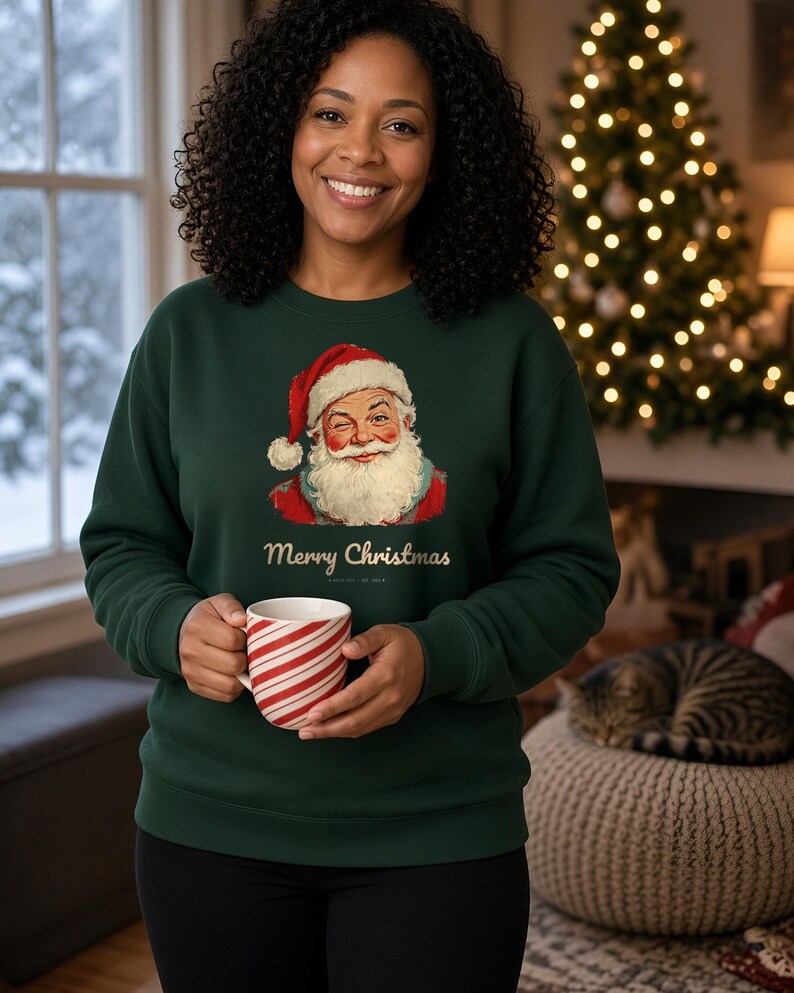 Vintage Santa Sweatshirt, Winking Santa Claus Crewneck, Retro Merry Christmas Sweater, Funny Christmas Sweatshirt, Holiday Gift image 2