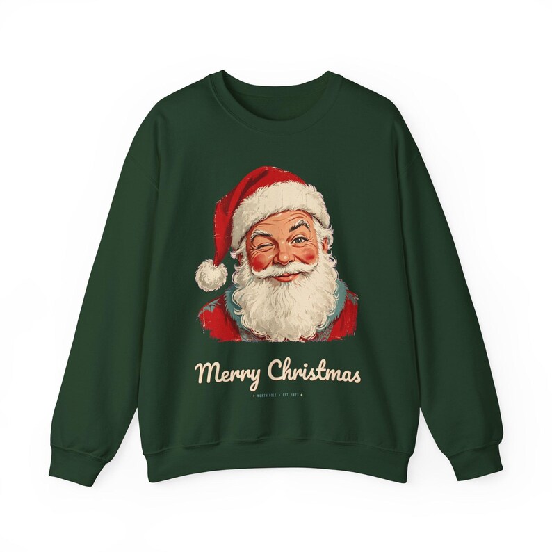 Vintage Santa Sweatshirt, Winking Santa Claus Crewneck, Retro Merry Christmas Sweater, Funny Christmas Sweatshirt, Holiday Gift image 1