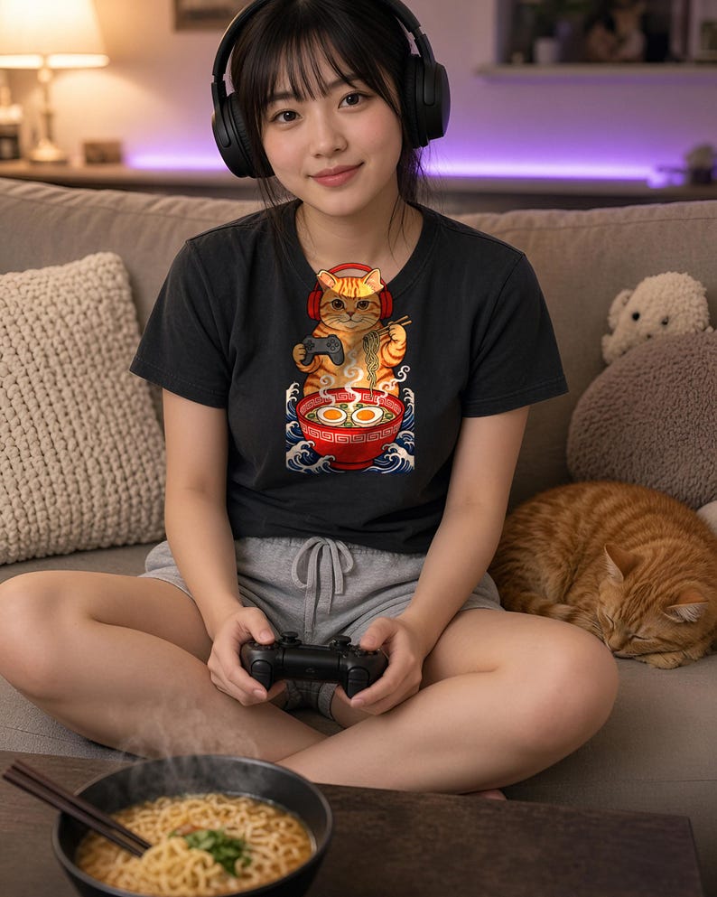 Camiseta de gato gamer comiendo ramen, camiseta kawaii de gato comiendo ramen, camiseta de gato estilo ola japonesa, regalo divertido para amantes de los videojuegos, camiseta de gato estilo anime imagen 2