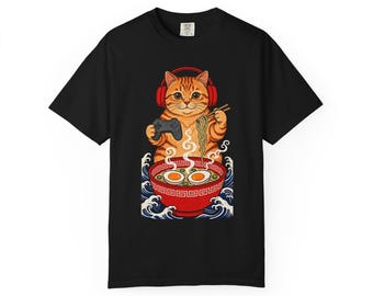 Gamer Cat Ramen Shirt, Kawaii Cat Eating Ramen T-Shirt, Japanese Wave Cat Tee, Funny Gaming Cat Gift, Anime Style Cat Shirt