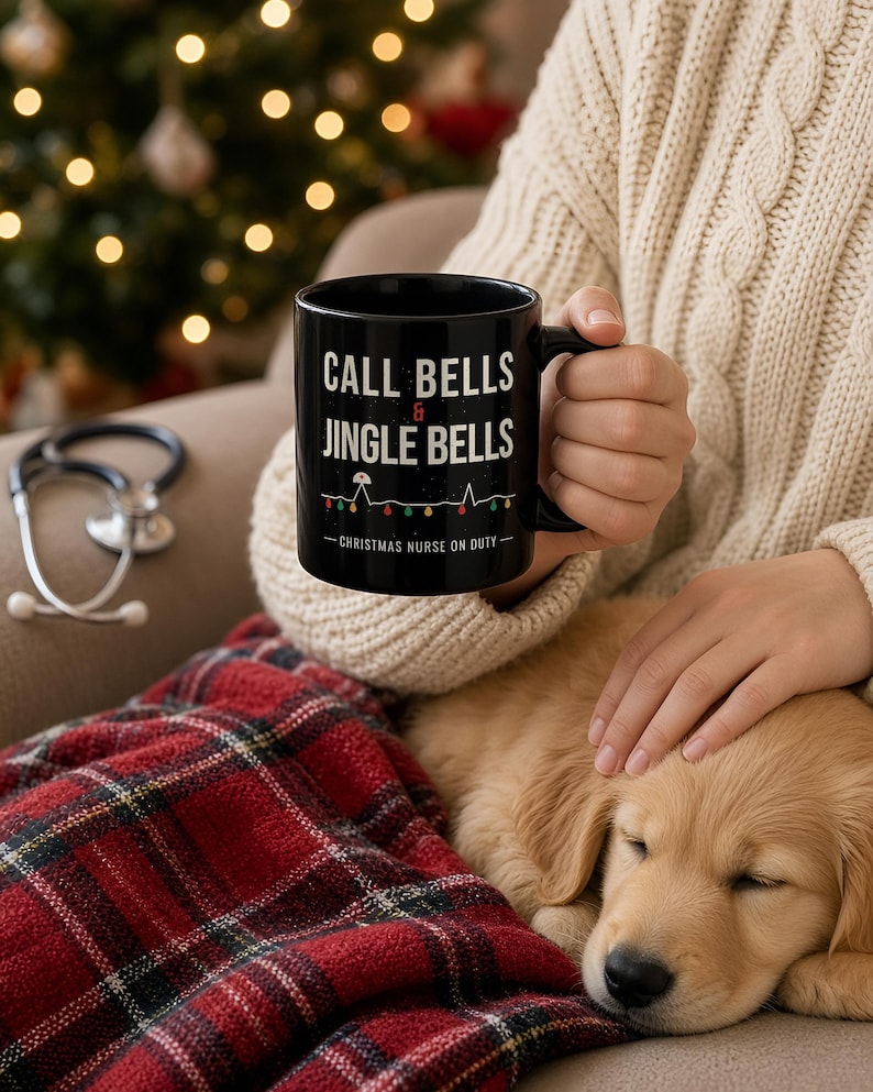 Christmas Nurse Mug, Call Bells and Jingle Bells Coffee Mug, Funny Nurse Christmas Gift, Black Ceramic Mug 11oz 15oz image 2