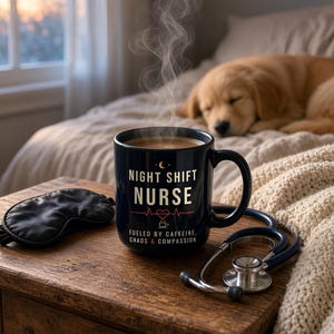 Night Shift Nurse Mug, Fueled by Caffeine Chaos and Compassion Coffee Mug, Funny Nurse Gift, Black Ceramic Mug 11oz 15oz image 3