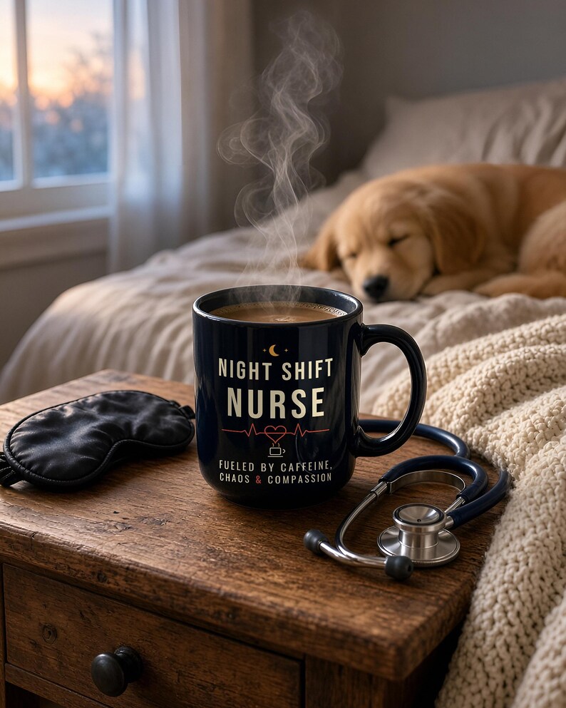 Night Shift Nurse Mug, Fueled by Caffeine Chaos and Compassion Coffee Mug, Funny Nurse Gift, Black Ceramic Mug 11oz 15oz image 3