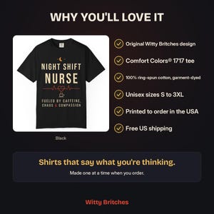 Night Shift Nurse Shirt, Fueled by Caffeine Chaos and Compassion T-Shirt, Funny Nurse Tee, RN Gift, Comfort Colors Nurse Shirt image 14