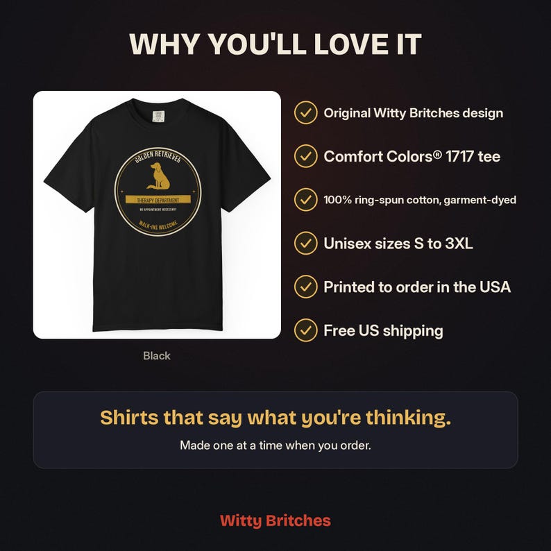 K&ouml;nnte beinhalten: Ein schwarzes kurz&auml;rmeliges T-Shirt mit einer kreisf&ouml;rmigen Grafik, die die Silhouette eines Golden Retrievers und den Text 'GOLDEN RETRIEVER THERAPY DEPARTMENT NO APPOINTMENT NECESSARY WALK-INS WELCOME' zeigt. Das T-Shirt ist schwarz.