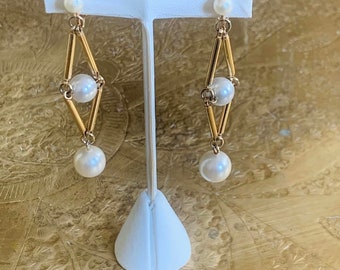 Vintage Faux Pearl and Gold Tone Clip On Drop Earrings