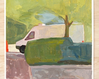 Car under the tree, oil painting original, car painting, wall decor, contemporary painting, tree art, tree paintng, cityscape painting