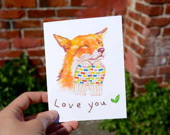 Fox I love you Card, fox card, blank card, fox greeting card, fox blank card, fox illustration, fox painting, animal card, i love you card