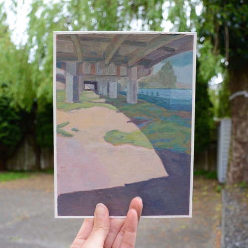 Sous l’élévation, peinture à l’huile originale, sujet urbain, vue sur la rue, décor mural, peinture contemporaine, street art, lumière et ombre