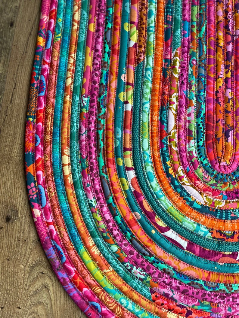 Sewed Rug Boho Rug Aqua Orange Gold Pink Rug Multi Color Rug Jelly Roll Rug ...