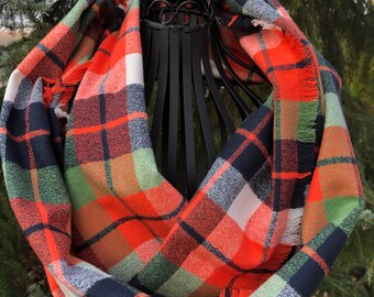 Navy Plaid Scarf Navy Plaid Infinity Scarf Fashion Scarf Orange Plaid Scarf  Ladies Plaid Flannel Scarf Girls Plaid Flannel Scarf
