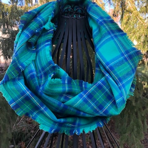 Frayed Scarf Ready to Ship Jade Blue Scarf Blue and Green Scarf Ladies Plaid Flannel Scarf Girls Plaid Flannel Scarf
