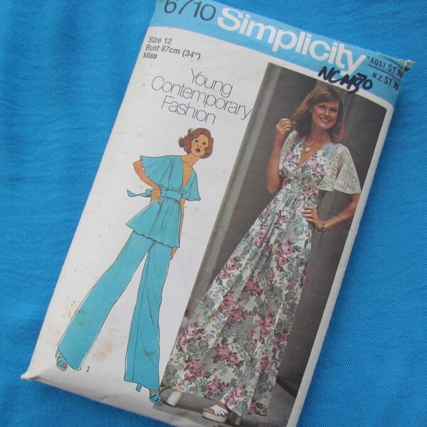 Vintage 34 Inch Bust, High Waist Cape Sleeve Top or Long Dress, and Pants - Uncut 1976 Sewing Pattern, Simplicity No 6710