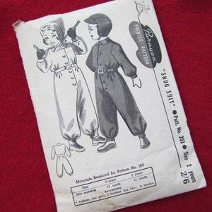 May include: A vintage sewing pattern for a child's "Snug Suit" with instructions for sizes 2 and 3 years. The pattern is printed on white paper with black ink and shows a girl and boy wearing the suit.