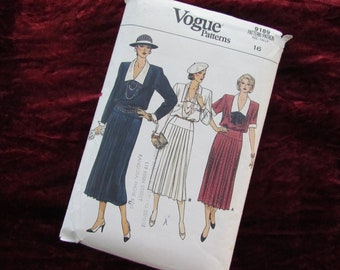 May include: A vintage Vogue Patterns envelope featuring illustrations of three women in pleated skirts and jackets. The envelope is white with the Vogue logo and pattern number 9189. The size is 16.