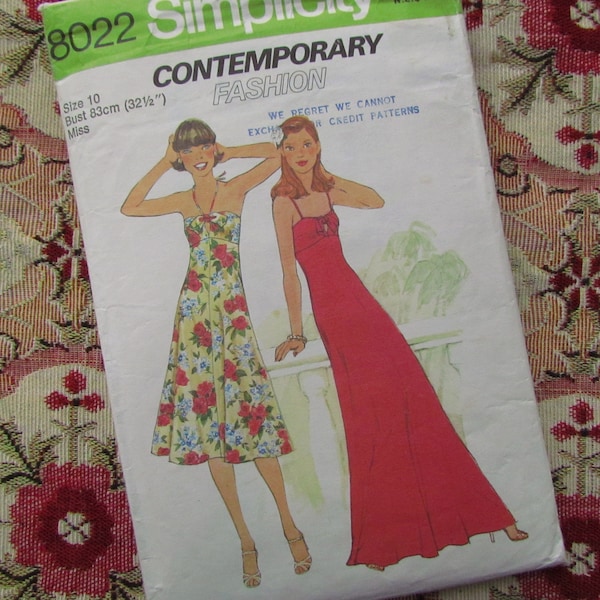 Vintage Size 32 1/2 Inch Bust, Long or Short, Shoe-String Strap Dress - 1977 Sewing Pattern, Simplicity No 8022