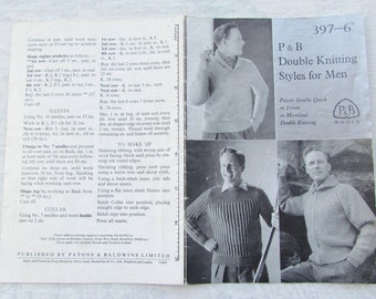 May include: A vintage knitting pattern booklet for men's sweaters. The cover features a black and white photo of a man wearing a knitted sweater. The title of the booklet is "P & B Double Knitting Styles for Men" and the booklet is published by Patons & Baldwins Limited.