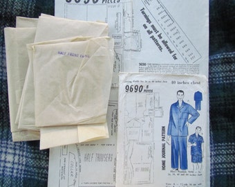 May include: A vintage sewing pattern for pajamas with 8 pieces. The pattern is for a 40-inch chest and includes instructions for sizes 36, 40, and 44 inches. The pattern is labeled "Home Journal Pattern" and includes a diagram of the pieces needed to make the pajamas.