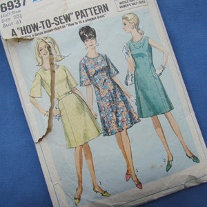 May include: A vintage sewing pattern for a dress with a "How-to-Sew" title. The pattern shows three women wearing different versions of the dress: one in a floral print, one in a solid green, and one in a solid yellow. The pattern number is 6937, the size is 20 1/2, and the bust size is 41.