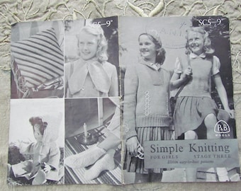 May include: Vintage black and white knitting pattern book titled "Simple Knitting for Girls." The book features images of children wearing knitted garments, including sweaters, skirts, and socks. The cover displays the P&B Wools logo.