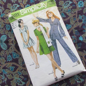 May include: Vintage Simplicity sewing pattern 8881 featuring illustrations of three different mini-length and tunic-length outfits. The pattern envelope shows a green, white, and blue color scheme. The size 14 pattern includes measurements of 36" bust and 27" waist.