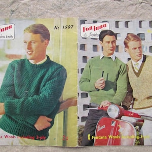 May include: Vintage fashion magazine spread featuring men's knitwear. The cover shows a man in a green crew neck sweater. The right side shows two men, one in a green sweater and the other in a beige V-neck sweater. The magazine is labeled "Fontana fashion knits".