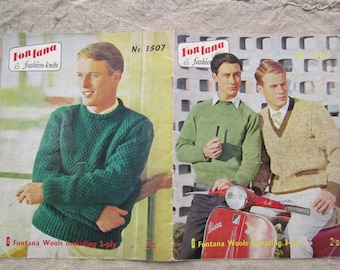 May include: Vintage fashion magazine spread featuring men's knitwear. The cover shows a man in a green crew neck sweater. The right side shows two men, one in a green sweater and the other in a beige V-neck sweater. The magazine is labeled "Fontana fashion knits".