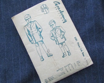 May include: A vintage sewing pattern for a child's double-breasted coat. The pattern is from Academy Pattern and is for size 2 years. The pattern includes instructions for making the coat from 54-inch, 39-inch, and 24-inch materials. The pattern also includes instructions for making a lining and interlining.